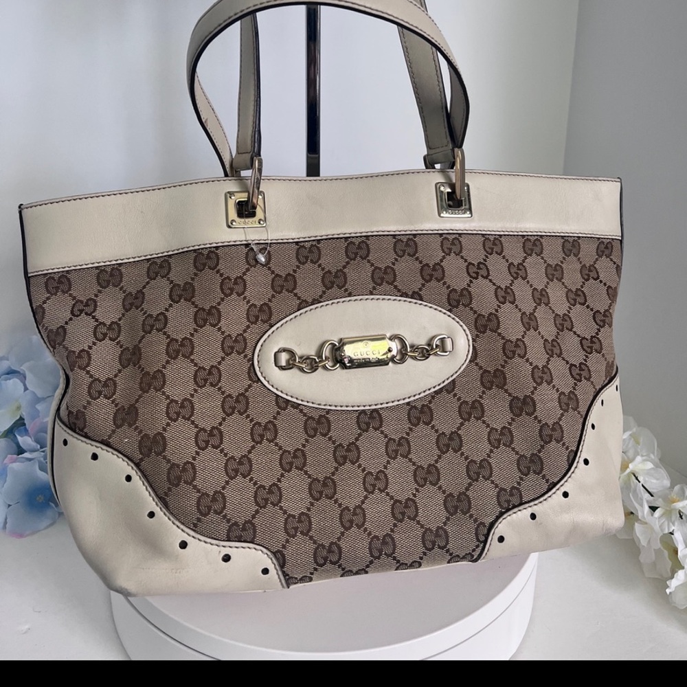 Gucci Cream and Brown Tote Bag with Signature GG Pattern